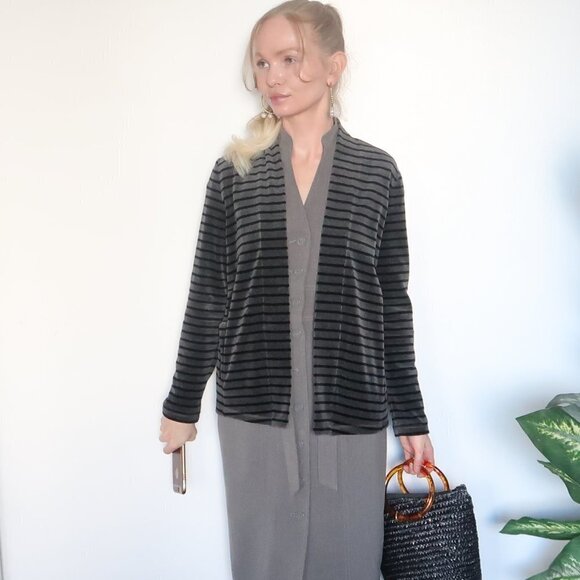 Talbots Grey & Black Striped Open Front Velvet Cardigan - Picture 5 of 16